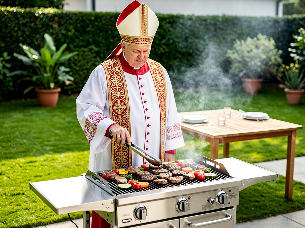Obispo con vestimenta ceremonial cocinando carne y verduras en una parrilla de gas en el jardín