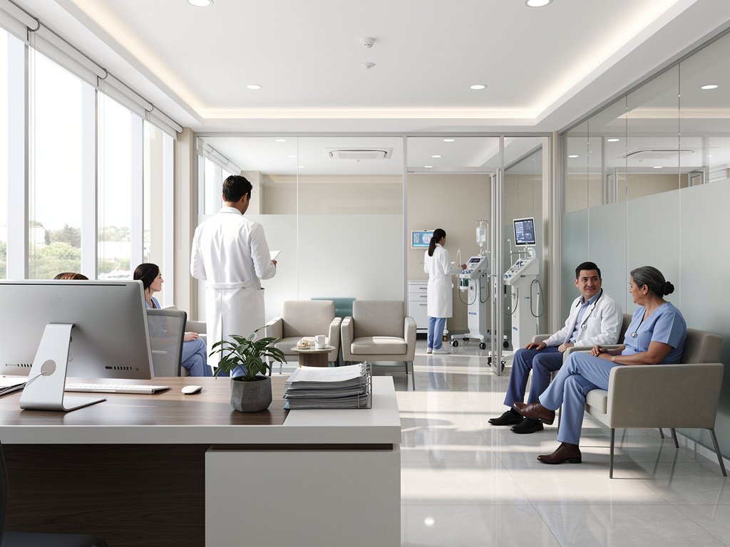 Sala de espera de clínica moderna con médicos, enfermeras y equipo médico en consultorio luminoso Sala de espera de clínica moderna con médicos, enfermeras y equipo médico en consultorio luminoso