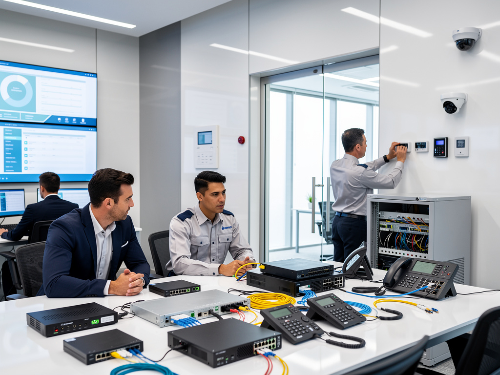 Equipo de seguridad configurando sistemas de red, telefonía IP y cámaras de vigilancia en sala de control moderna