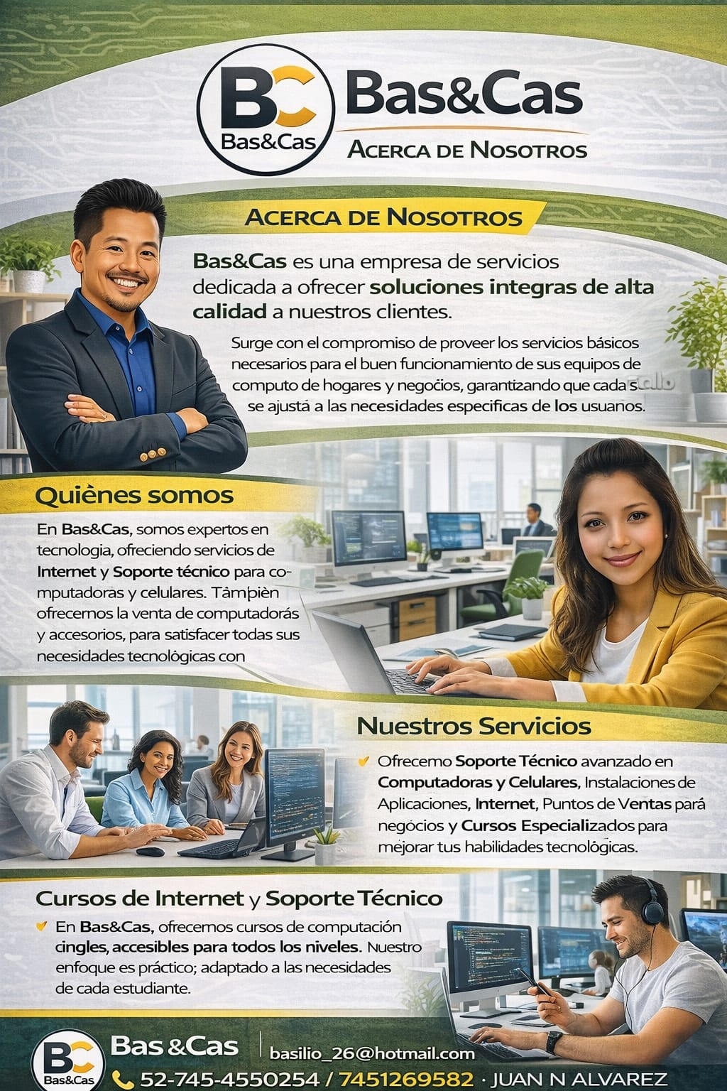 Oficina moderna con computadoras de escritorio y portátil, iluminada por luces suaves y decorada con plantas, creando un ambiente de trabajo acogedor.
