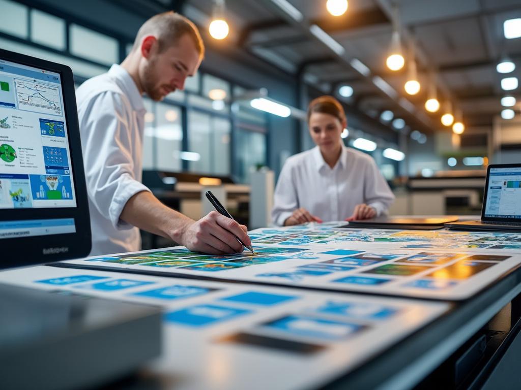 Diseñadores gráficos trabajando en equipo en una oficina moderna con pantallas y gráficos en la mesa.