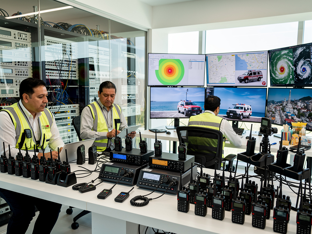 Centro de comunicaciones de emergencia con operadores, radios portátiles y monitores de seguimiento de huracanes