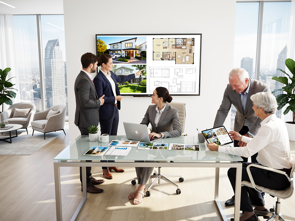 Reunión de agentes inmobiliarios analizando planos y propiedades en oficina moderna con vistas a la ciudad