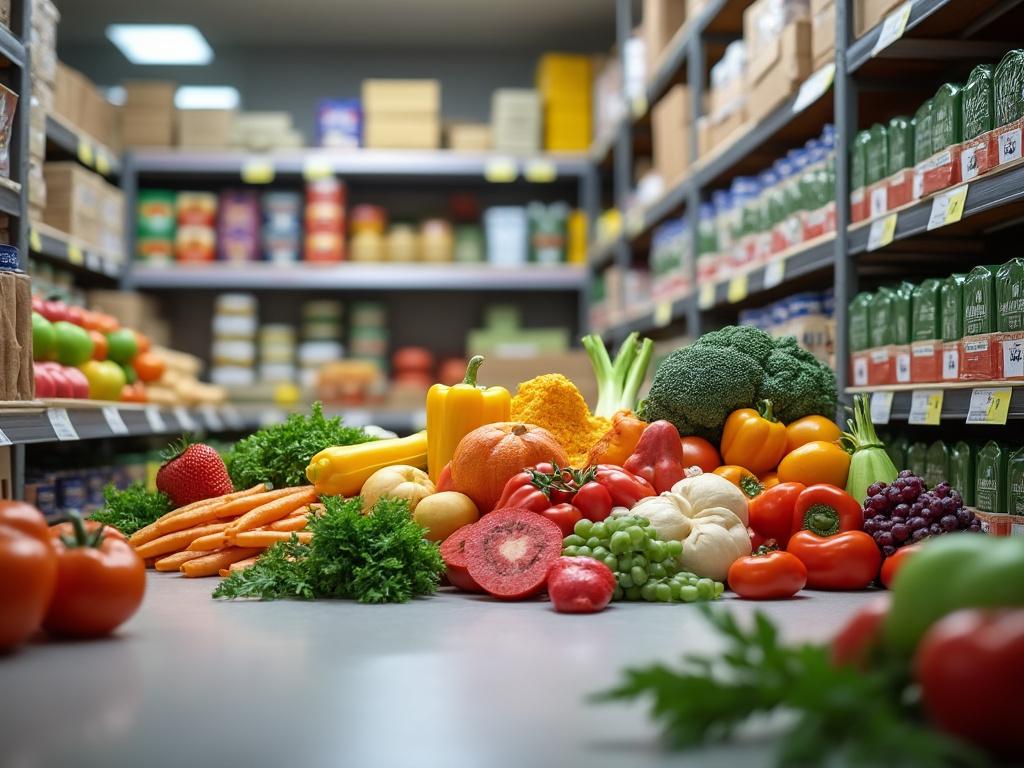 Vista interior de una tienda de comestibles con estantes llenos de productos y una variedad de frutas y verduras frescas en primer plano, incluyendo zanahorias, brócoli, pimientos y uvas.