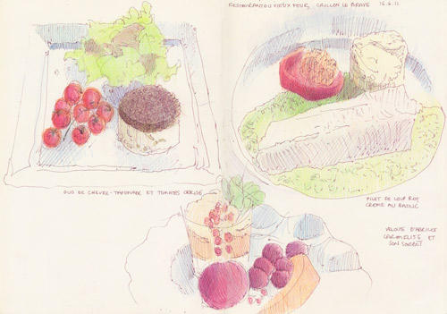 Drawing dinner at the Restaurant du Vieux Four, Crillon Le Brave 16 June 2011
11.5" x 16.5", pen and sepia ink and coloured pencils in Moleskine sketchbook
see http://travelsketch.blogspot.co.uk/2011/12/dinner-at-restaurant-du-vieux-four.html