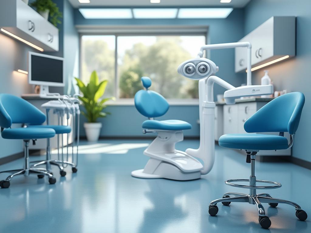 Consultorio dental moderno con sillas azules, equipo odontológico y ventana grande.