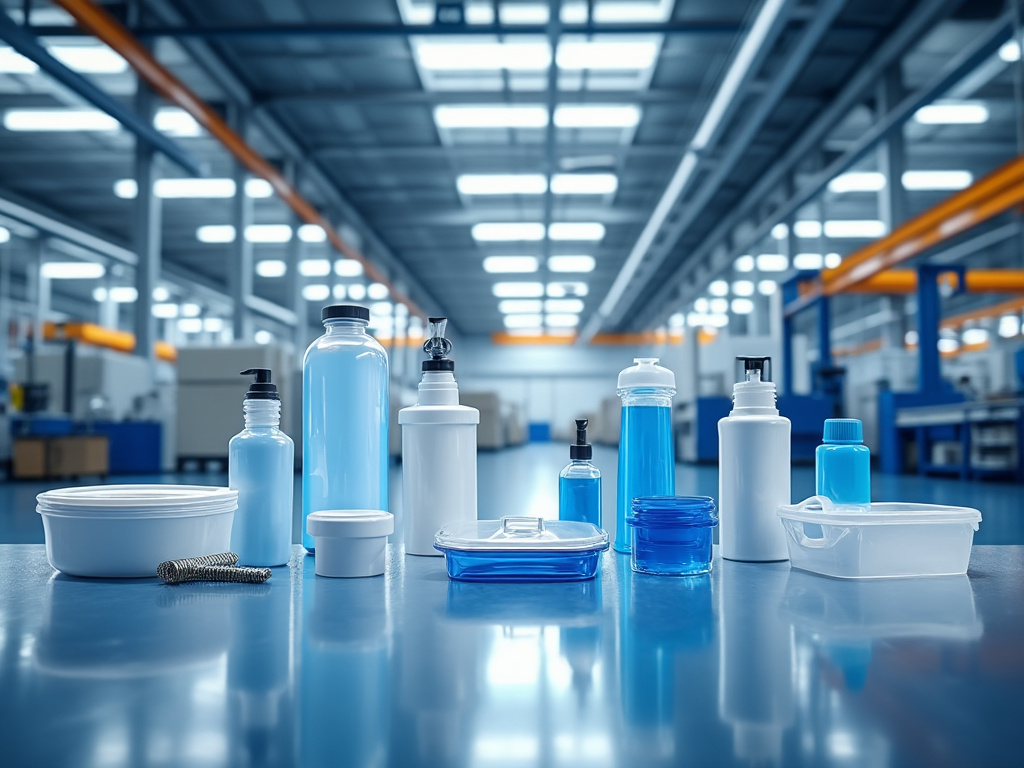 Botellas de plástico y recipientes translúcidos con líquidos azules en una línea de producción industrial moderna.