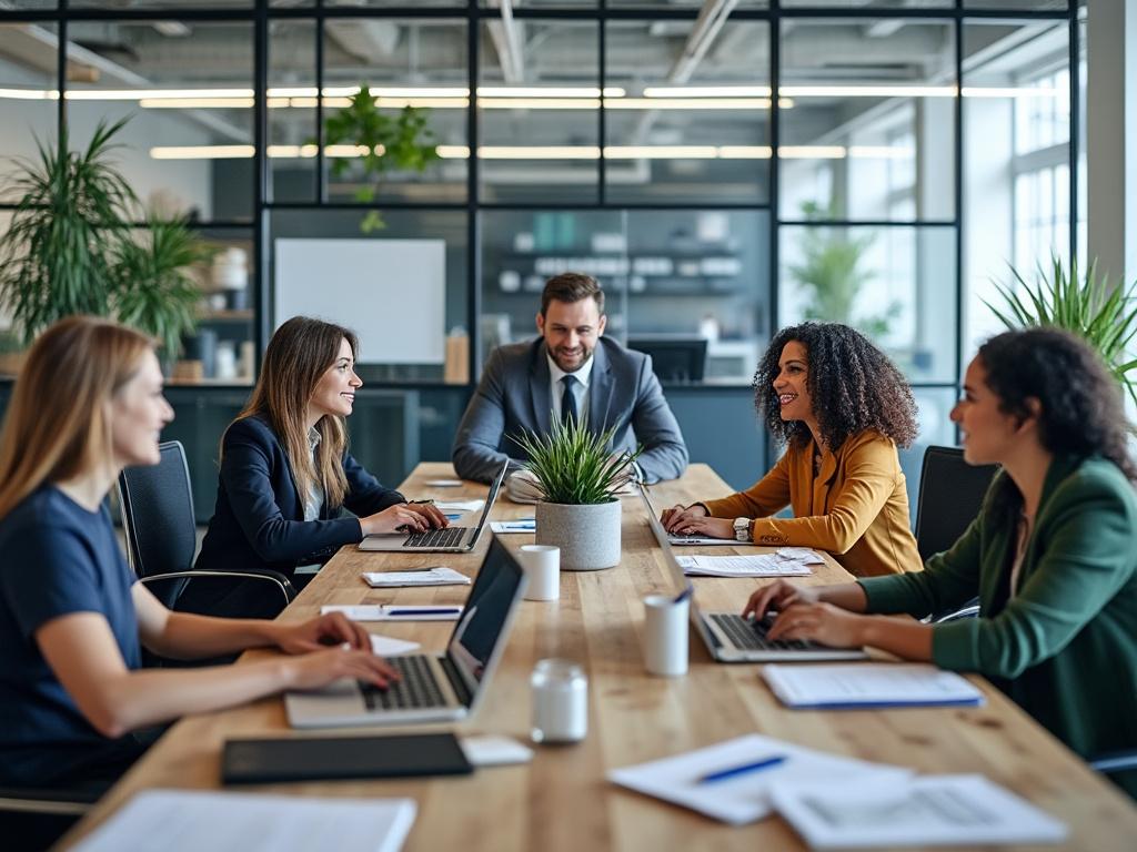 Reunión de equipo en oficina moderna con cinco personas trabajando con portátiles alrededor de una mesa de conferencias.