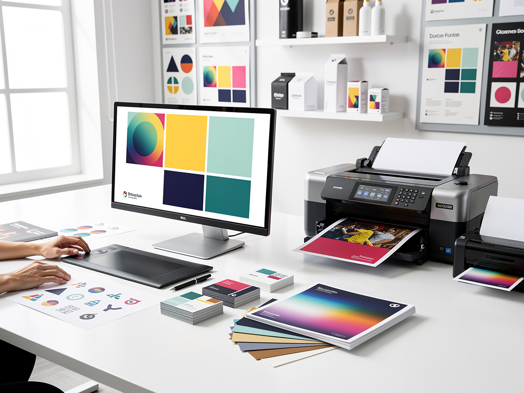 Estudio de diseño gráfico con monitor, tableta digital, impresora y muestras de color para branding e impresión