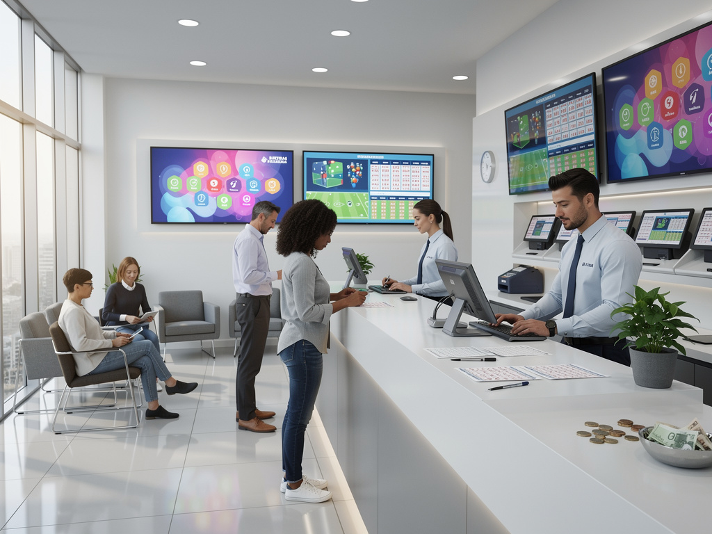 Oficina moderna de apuestas deportivas con clientes en mostrador, empleados atendiendo y pantallas digitales de resultados