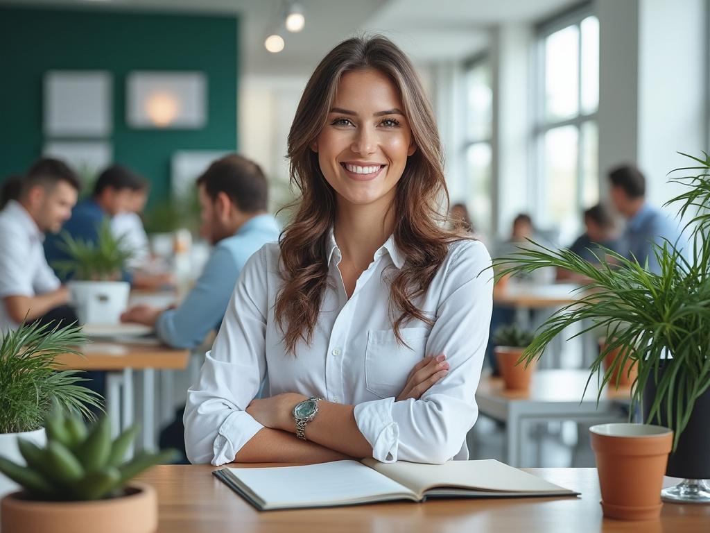 Mujer joven sonriendo en un entorno de oficina moderno, sentada frente a una mesa con plantas y cuaderno, con más personas trabajando al fondo.