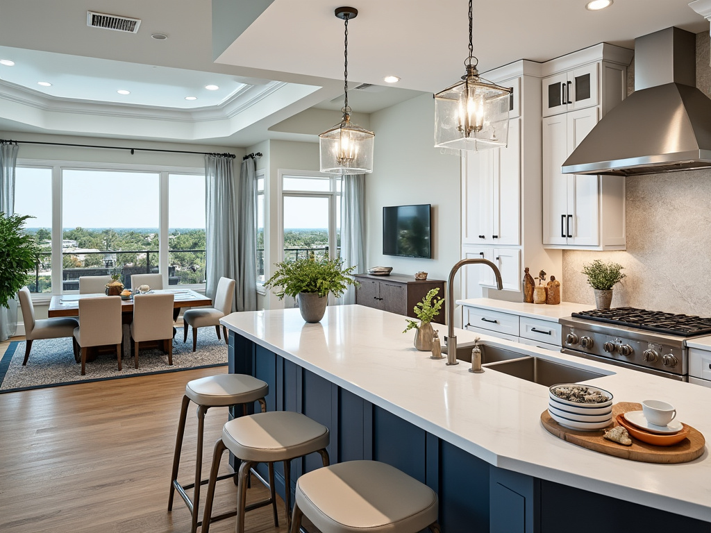 Modern open-concept kitchen and dining area with island seating, pendant lighting, large windows, and scenic view.