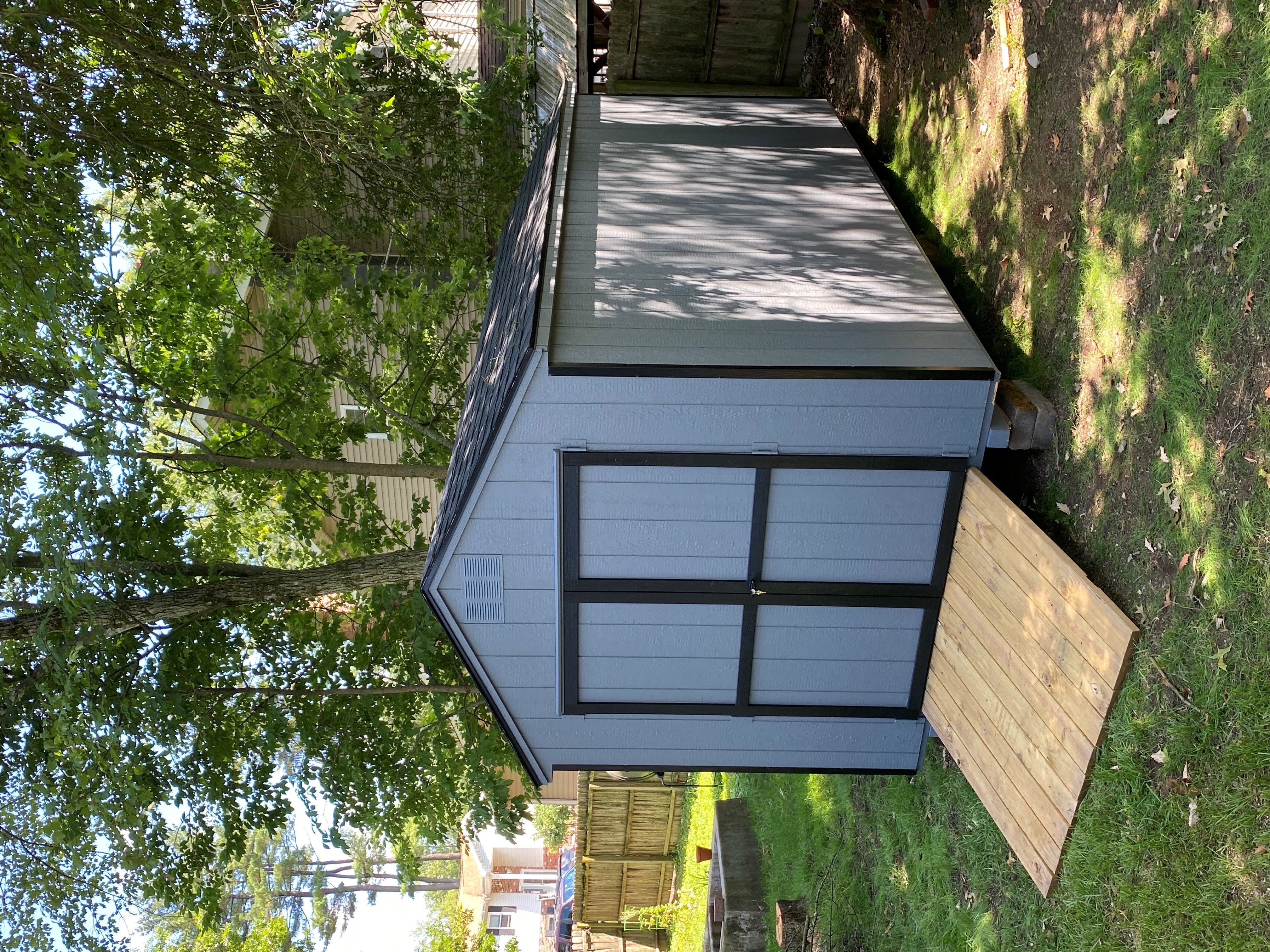 This 8 x 16 Budget A-Frame is featuring a set of our most common color combinations of: gray T-111 siding, black trim, and black 30 year architectural shingles with tarpaper underlayment. We are also featuring: 1- 18" x 27" slider window with a screen, black box-trim around the window, gable vents, pressure treated floor joists, 50" double door, and 1- 5 x 4 treated ramp.

Thank you Matt! Enjoy your extra space!