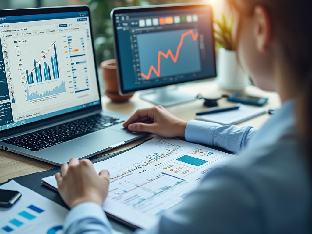 Persona en una oficina analizando gráficos de datos en pantallas de ordenador y documentos impresos, con luz natural.