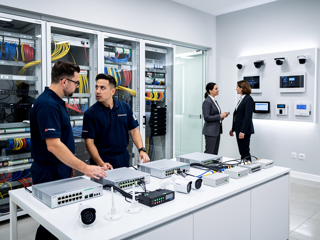 Técnicos revisan equipos de red y cámaras de seguridad en sala de servidores con paneles de videovigilancia
