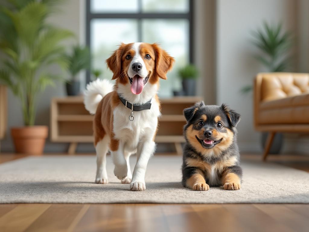 Dos perros felices en una sala moderna con plantas y un sofá de cuero.
