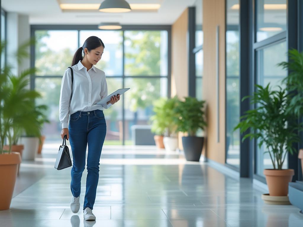 Mujer caminando por un pasillo moderno con plantas, usando tableta y llevando bolso.