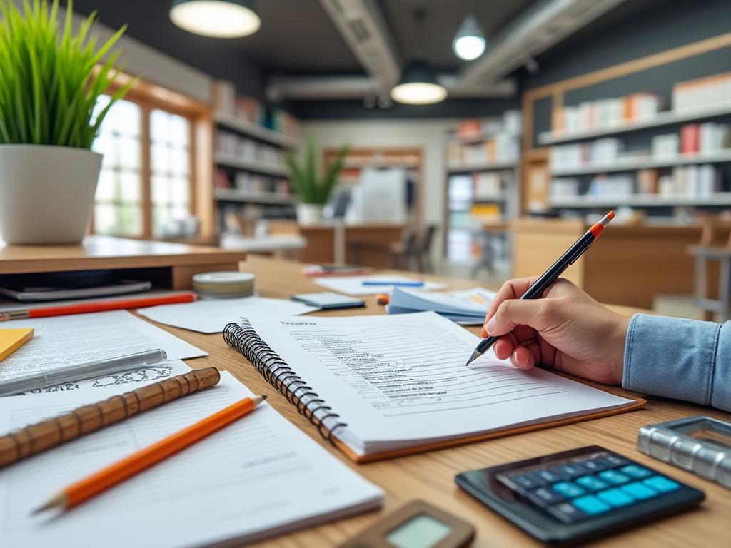 Persona escribiendo en un cuaderno en una oficina con planta y calculadora en la mesa.
