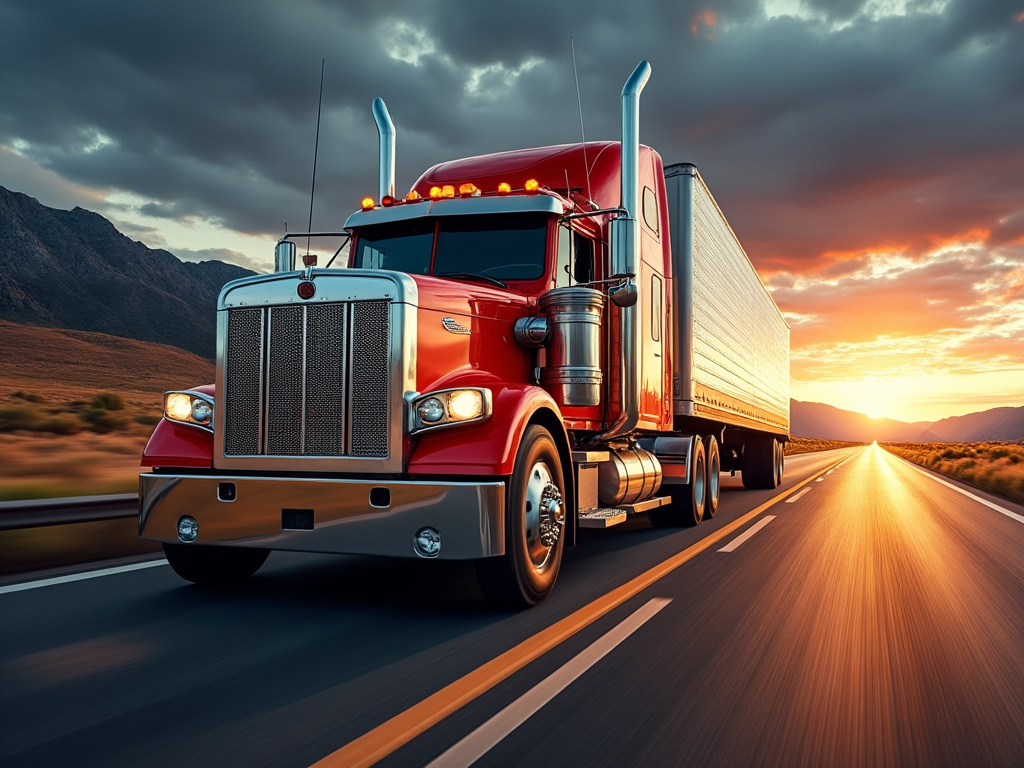 A bright red semi-truck driving on an open highway at sunset with mountains in the background.