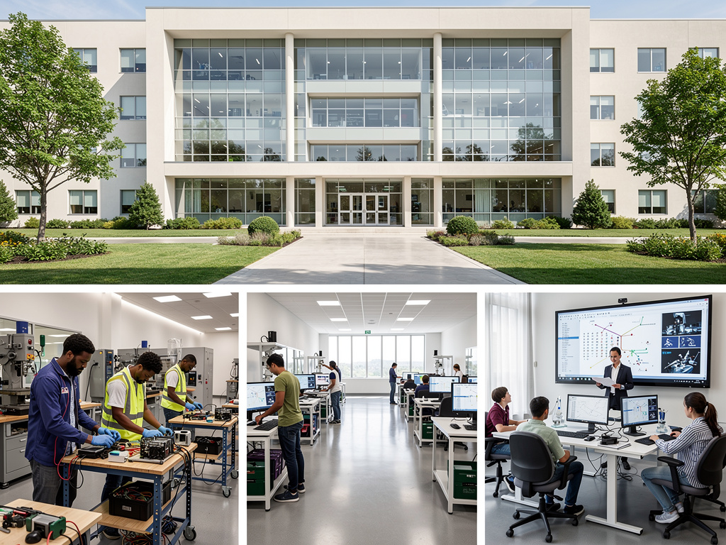 Campus tecnológico moderno con laboratorios de ingeniería, estudiantes trabajando en equipos electrónicos y clase interactiva con pantalla digital