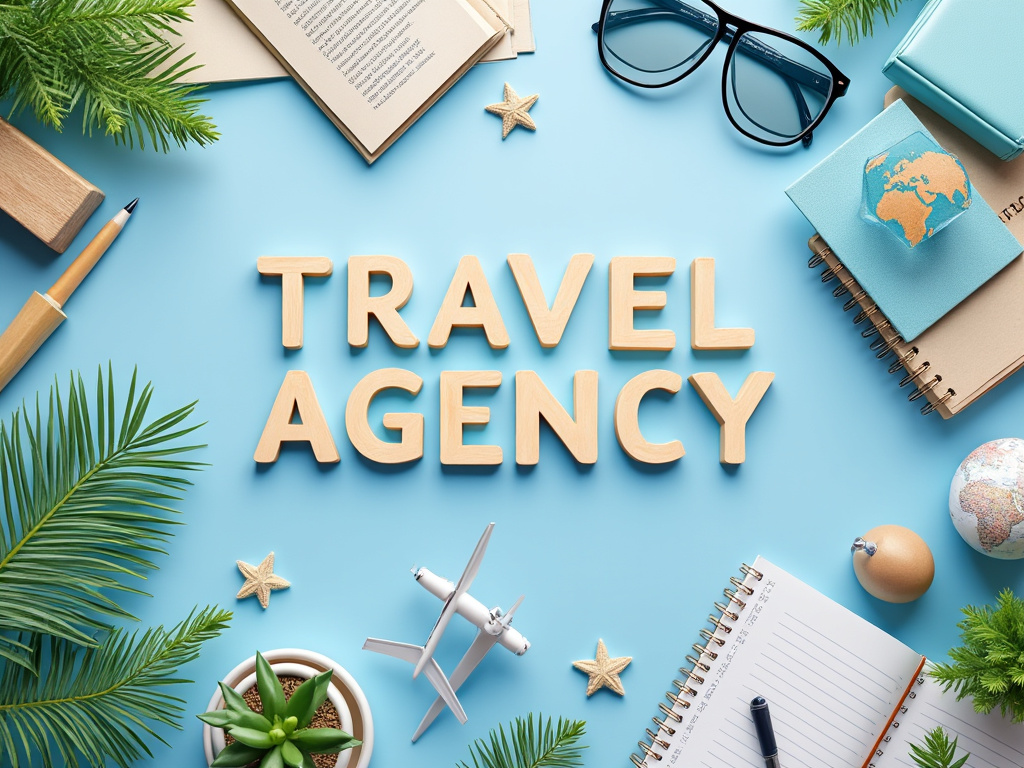 Composición plana con accesorios de viaje: gafas de sol, globo terráqueo, cuaderno, avión en miniatura, y hojas tropicales, rodeando las palabras 'Travel Agency'.
