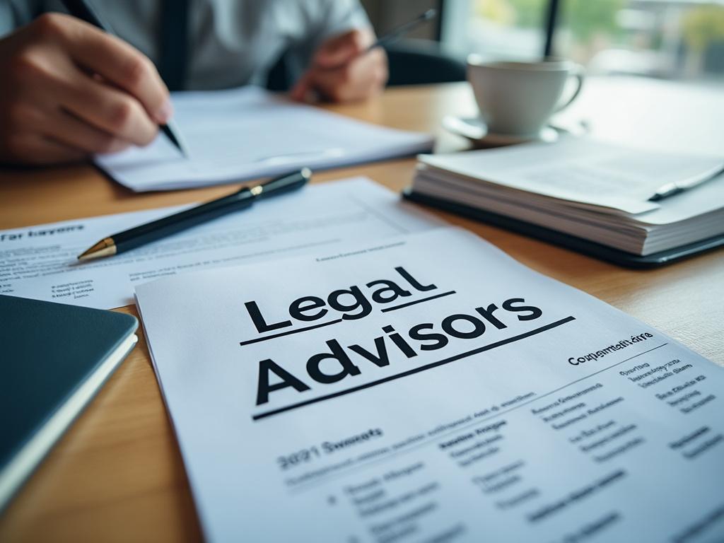 Persona revisando documentos legales en una oficina, con un informe titulado 'Legal Advisors' sobre la mesa.