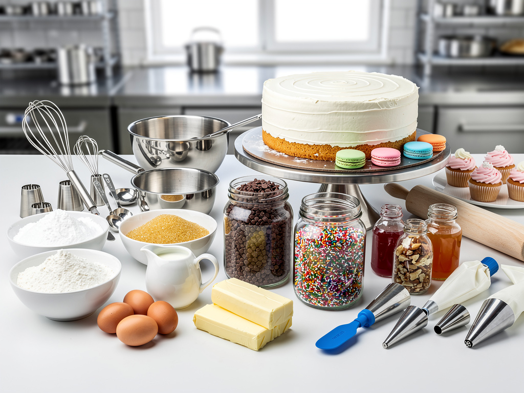 Ingredientes y utensilios de repostería para decorar pastel con crema, cupcakes, macarons, chispas de colores, harina, huevos y mangas pasteleras Ingredientes y utensilios de repostería para decorar pastel con crema, cupcakes, macarons, chispas de colores, harina, huevos y mangas pasteleras