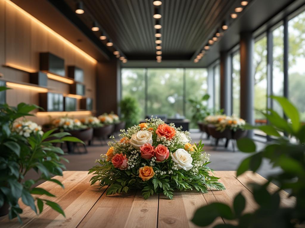 Ramo de rosas naranjas y blancas sobre mesa de madera en un moderno salón con grandes ventanales y luces cálidas. Ramo de rosas naranjas y blancas sobre mesa de madera en un moderno salón con grandes ventanales y luces cálidas.