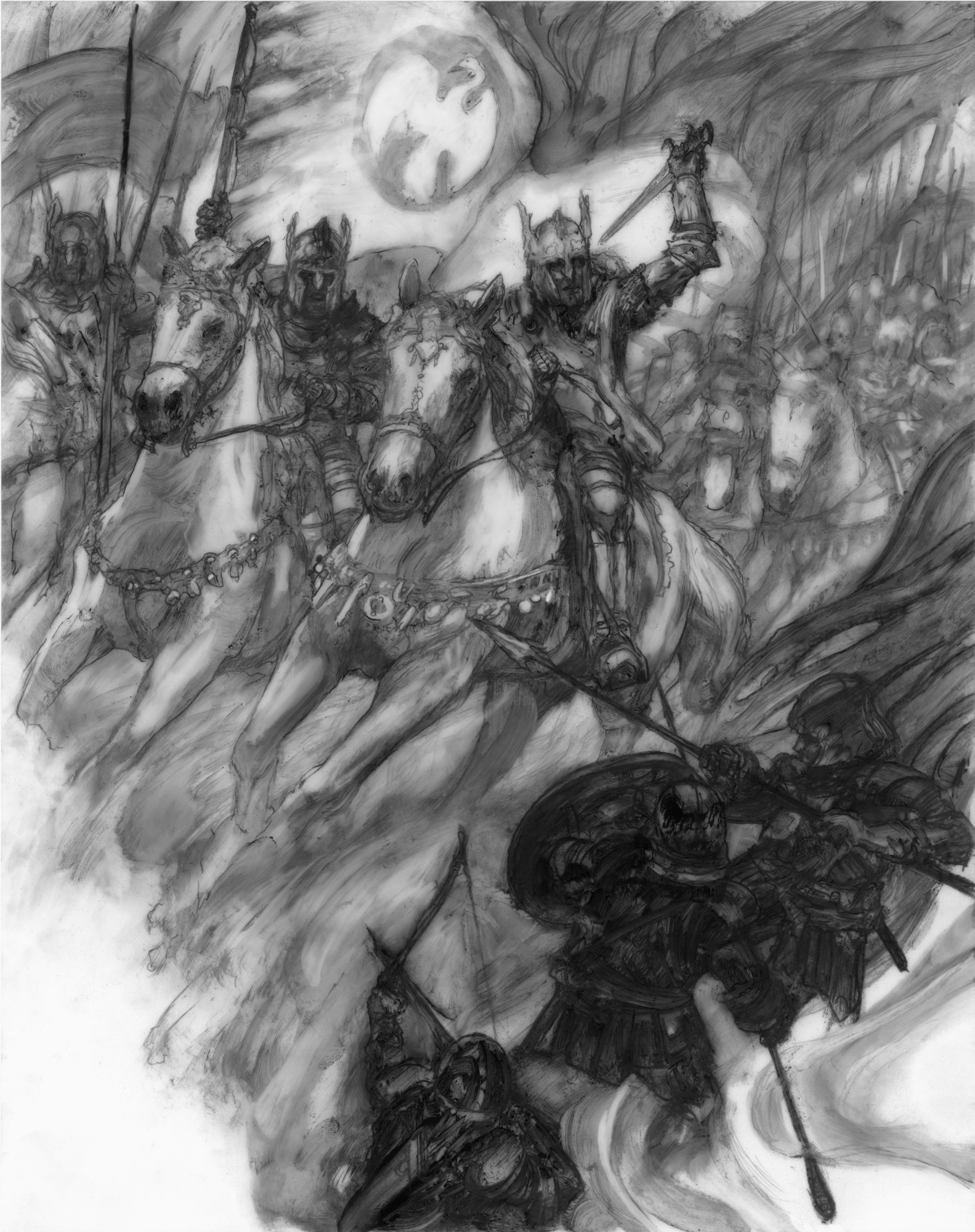 Battle of Bestanag
14" x 11" Graphite on paper  2019
Interior illustration, one of twelve, for Jacqueline Carey's 
'Elegy for Darkness' from Grim Oak Press
private collection