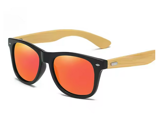 Modische UV-Sonnenbrille aus Holz für Damen und Herren. Klassische Reitbrille. Brille mit UV400-Filter. Sport-Sonnenbrille aus Bambusholz. Schwarze Rahmen. Orangefarbene Linsen