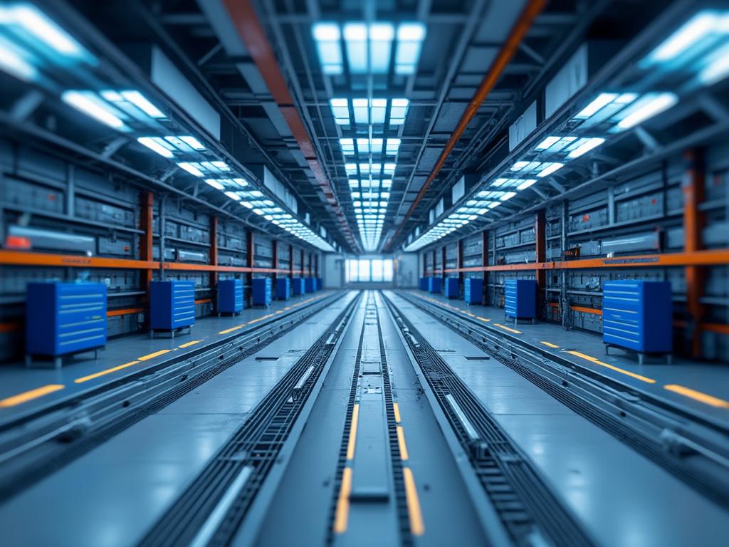 Interior de un taller mecánico moderno con rieles en el suelo y gabinetes azules.