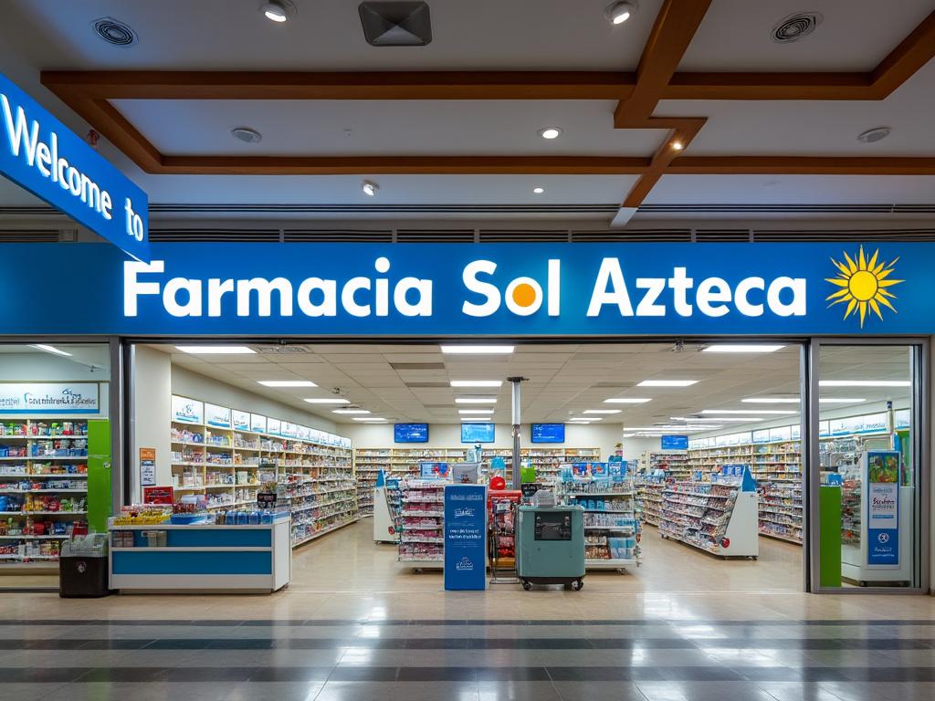 Entrada de la Farmacia Sol Azteca con estantes llenos de productos farmacéuticos y un letrero azul iluminado.