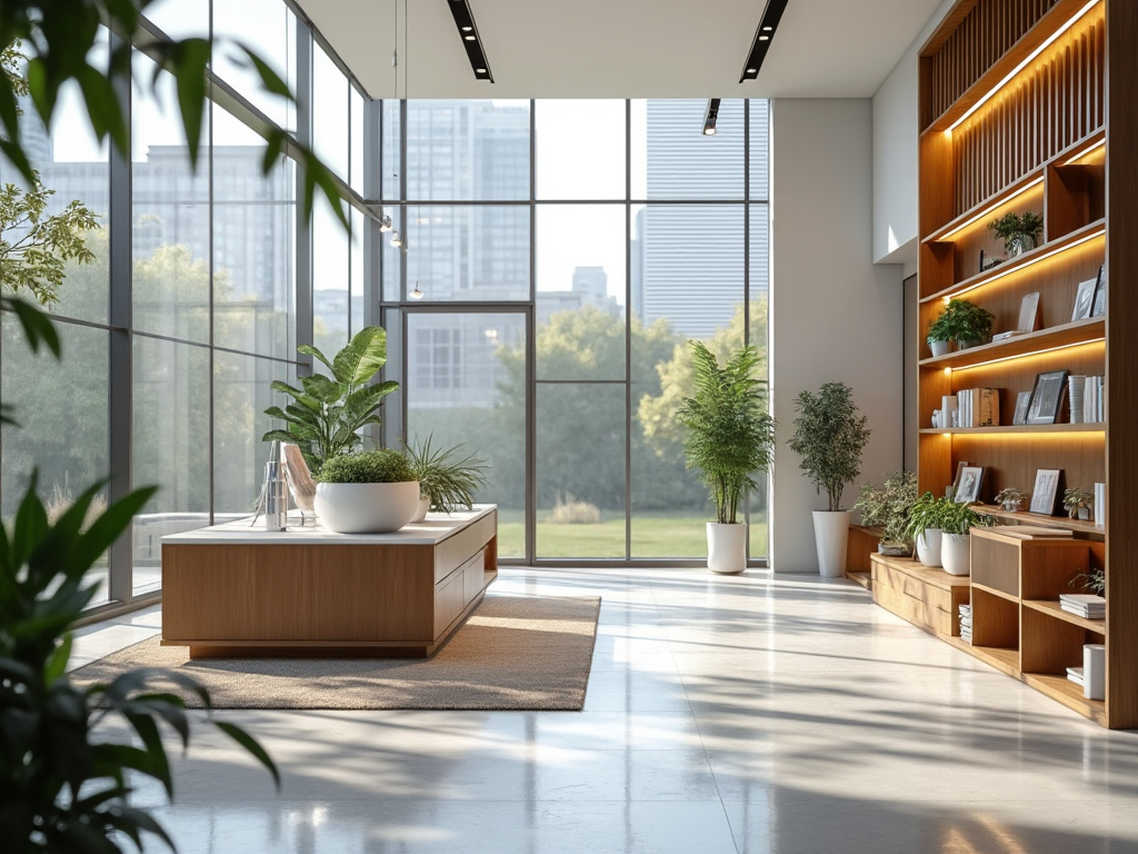Moderno interior de oficina con plantas verdes, estantería iluminada y ventanales amplios con vista a la ciudad.