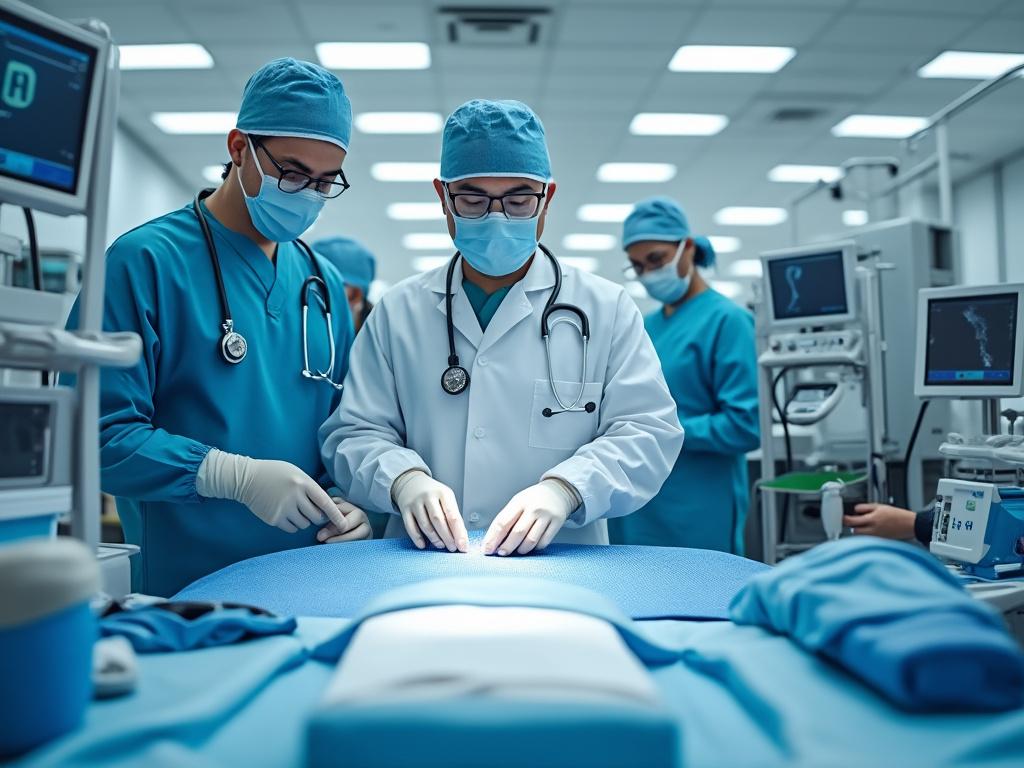 Equipo médico realizando cirugía en un quirófano moderno con tecnología avanzada.