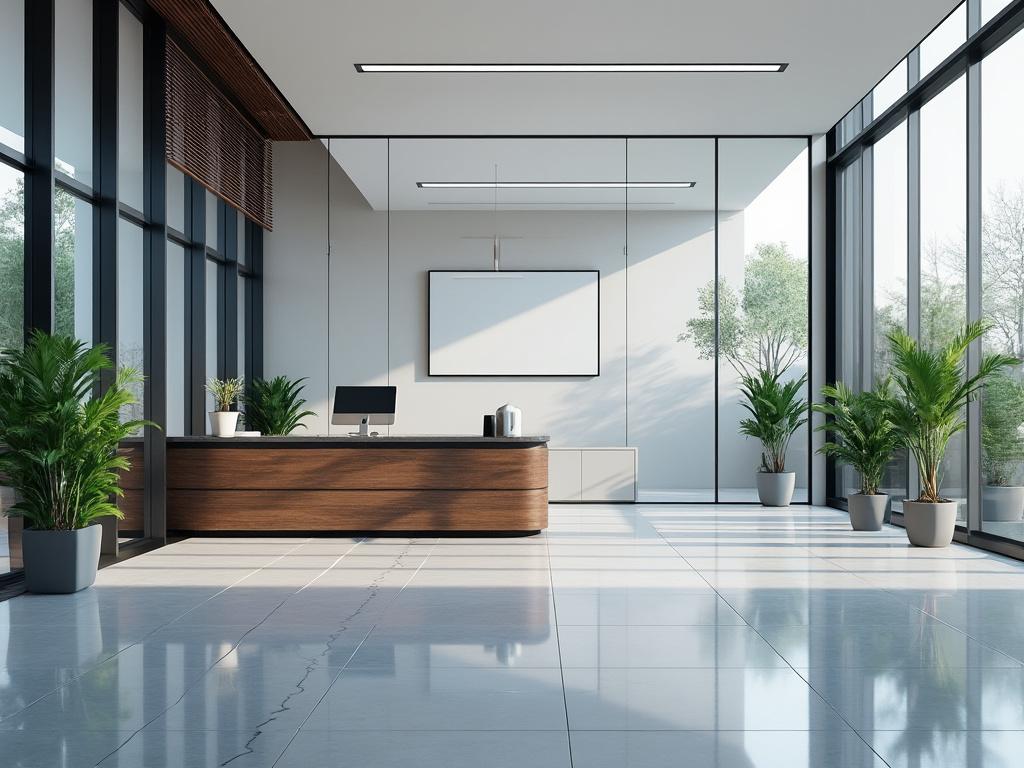 Recepción de oficina moderna con mostrador de madera, plantas decorativas y grandes ventanales que dejan entrar luz natural.