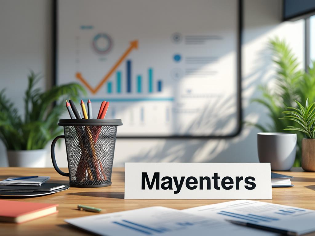 Office desk with a pen holder, a nameplate reading 'Mayenters', plants, and a blurred chart in the background.