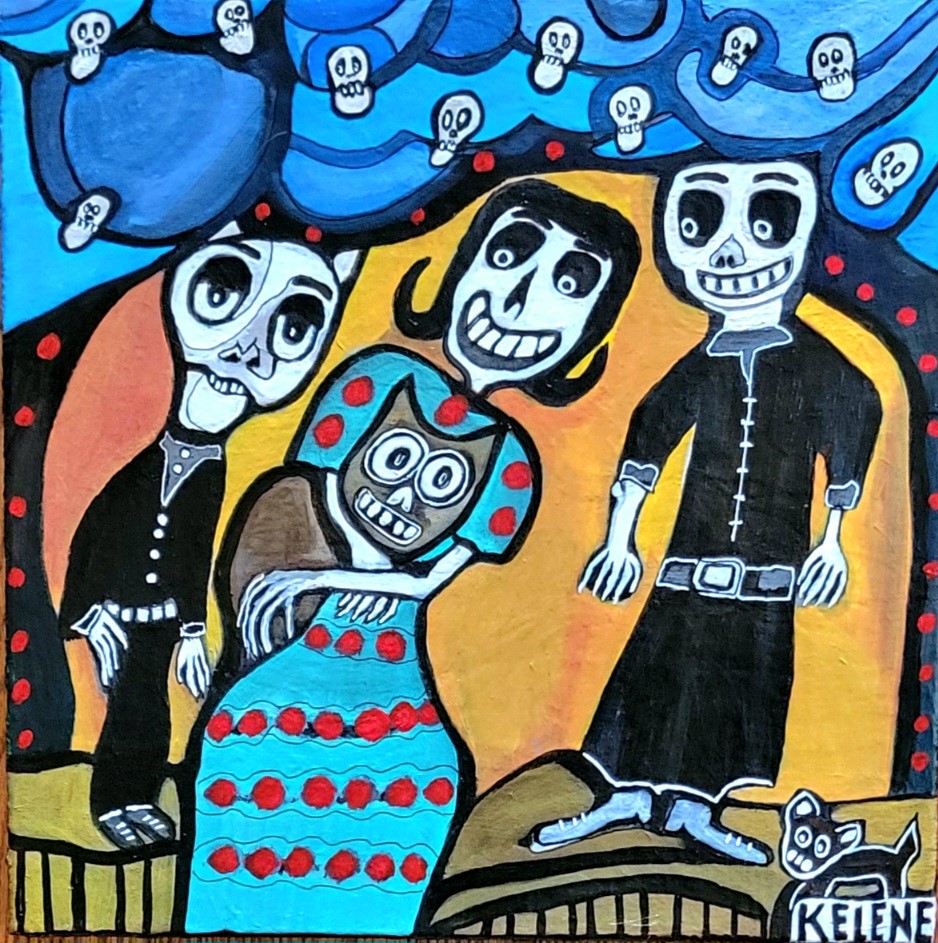 Title Portrait of a family outing. 16 x 16 acrylic on canvas Kelene 2024 $120.00