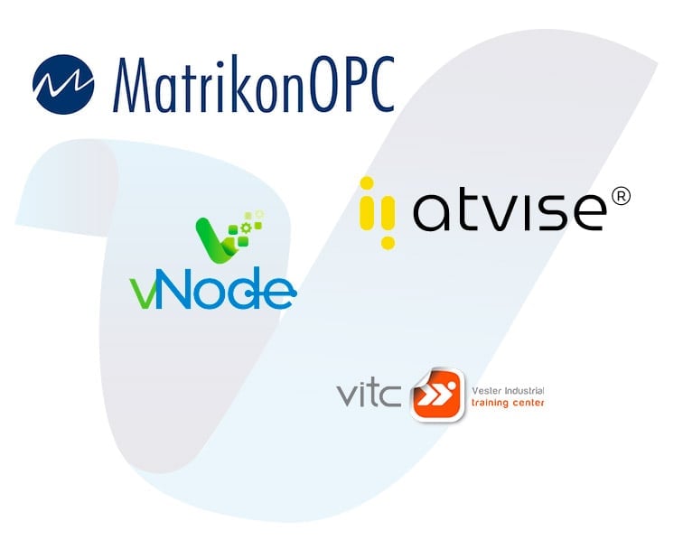 Logotipos de MatrikonOPC, vNode, atvise y VITC en un diseño gráfico abstracto.