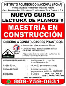 Anuncio de curso de maestría en construcción y lectura de planos del Instituto Politécnico Nacional (IPONA), dirigido a constructores, con detalles de contacto y horario.