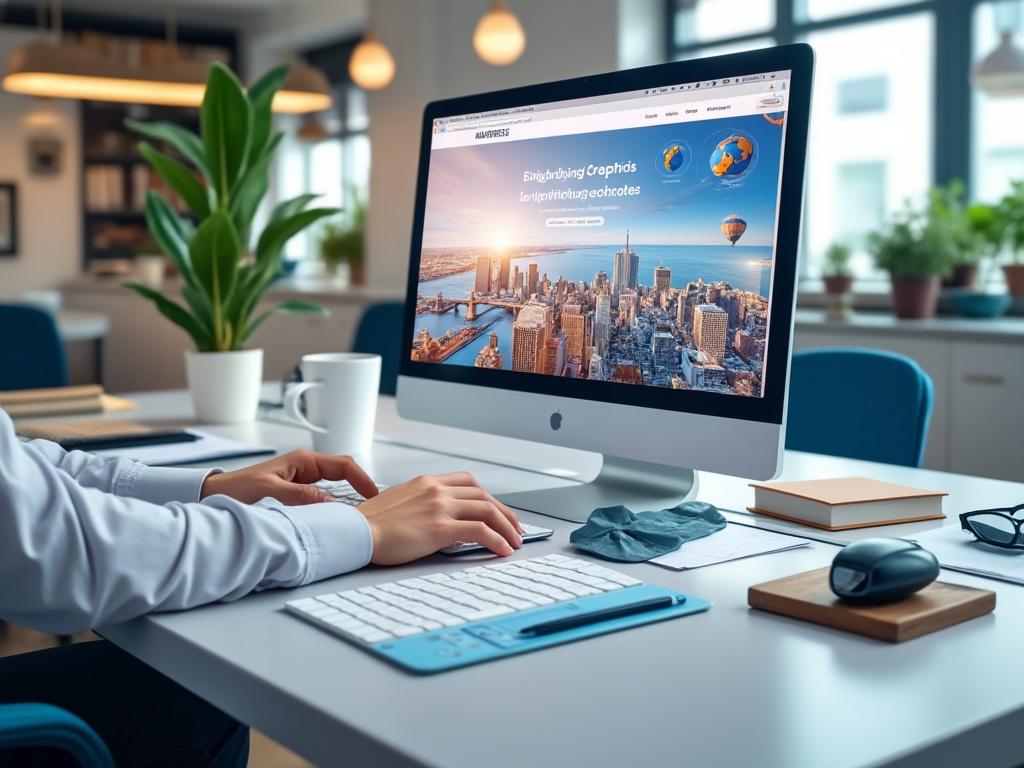 Persona trabajando en computadora de escritorio en oficina con planta y taza, monitor mostrando imagen de paisaje urbano aéreo.