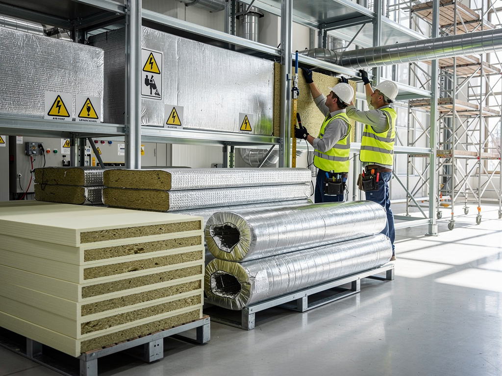 Trabajadores instalando paneles aislantes y conductos HVAC en obra industrial con señales de seguridad eléctrica