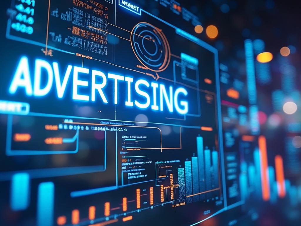 Pantalla digital con gráficos de datos y la palabra 'advertising' iluminada, destacando la tecnología en marketing.