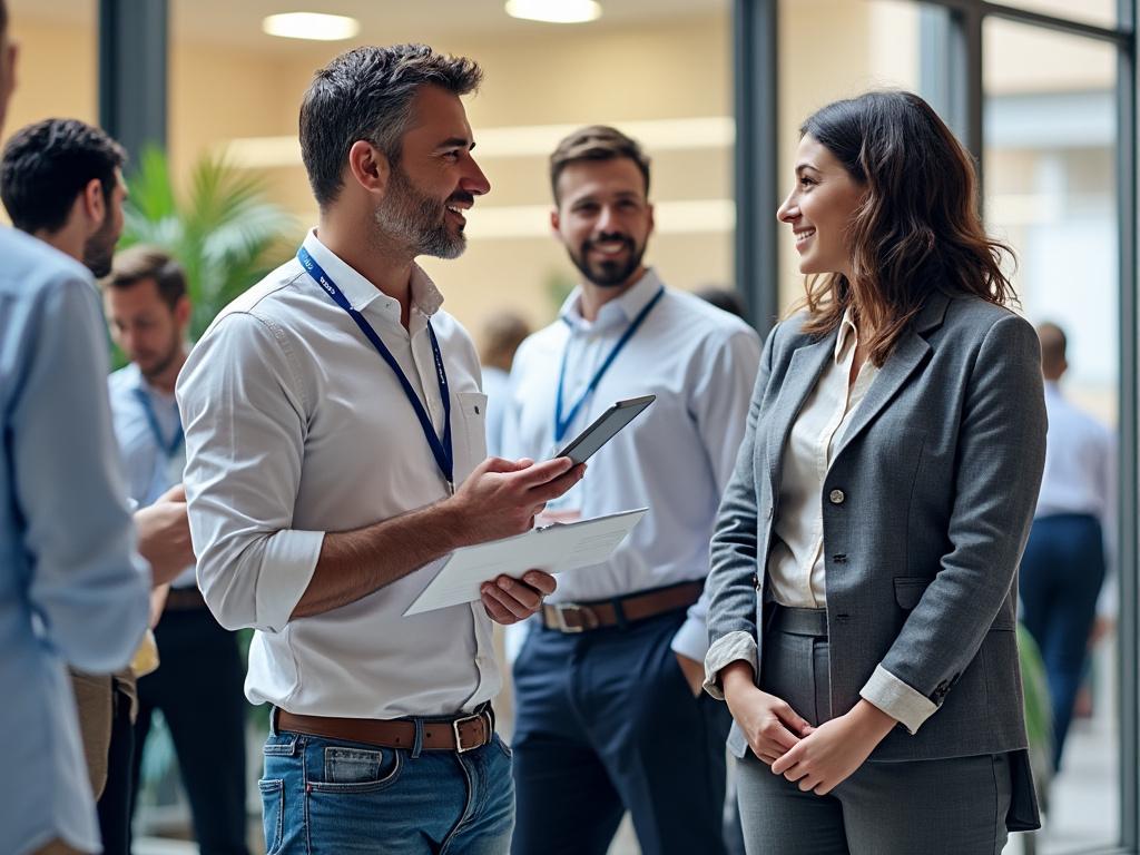 Business professionals networking at a conference event, wearing formal attire and engaging in conversation. Business professionals networking at a conference event, wearing formal attire and engaging in conversation.