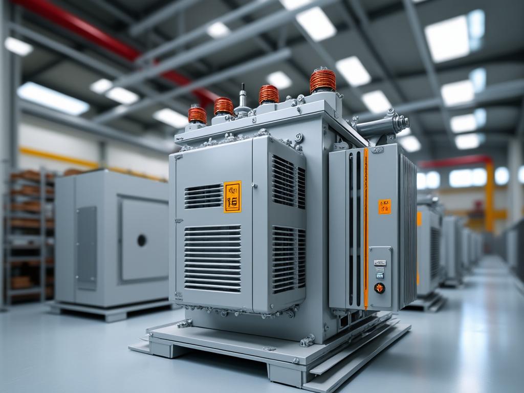 Industrial electrical transformer in a modern manufacturing facility.