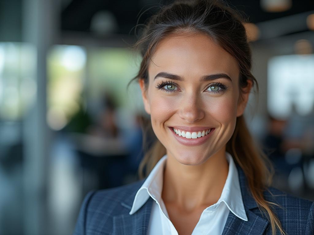 Mujer joven sonriendo en un entorno de oficina moderno.