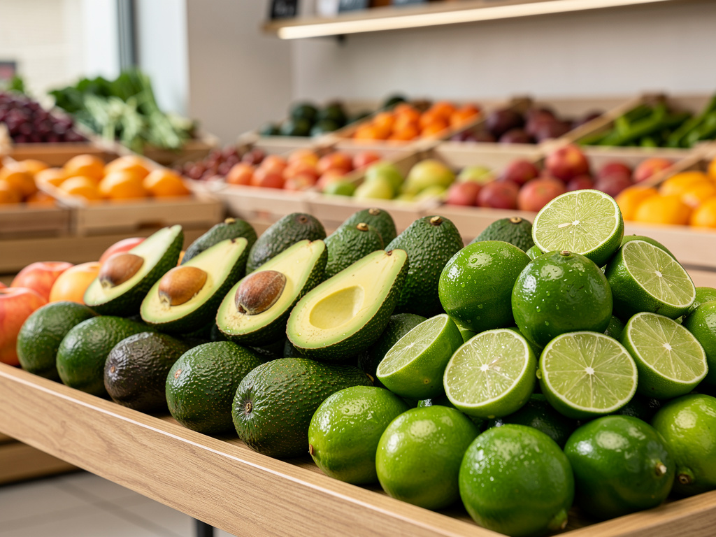 Aguacates y limas frescas en exhibición en mercado de frutas y verduras
