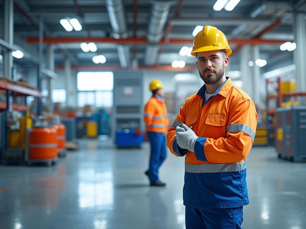 Trabajador con casco y uniforme de seguridad naranja en una fábrica moderna.