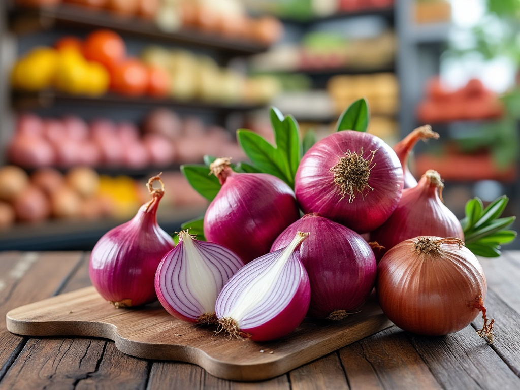 Cebollas rojas frescas enteras y cortadas sobre tabla de madera en un mercado de verduras