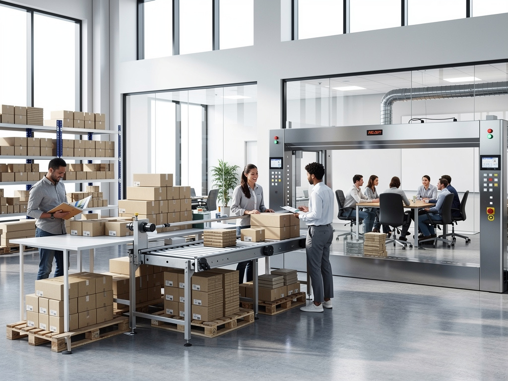 Centro logístico moderno con empleados preparando cajas en cinta transportadora y equipo de embalaje industrial