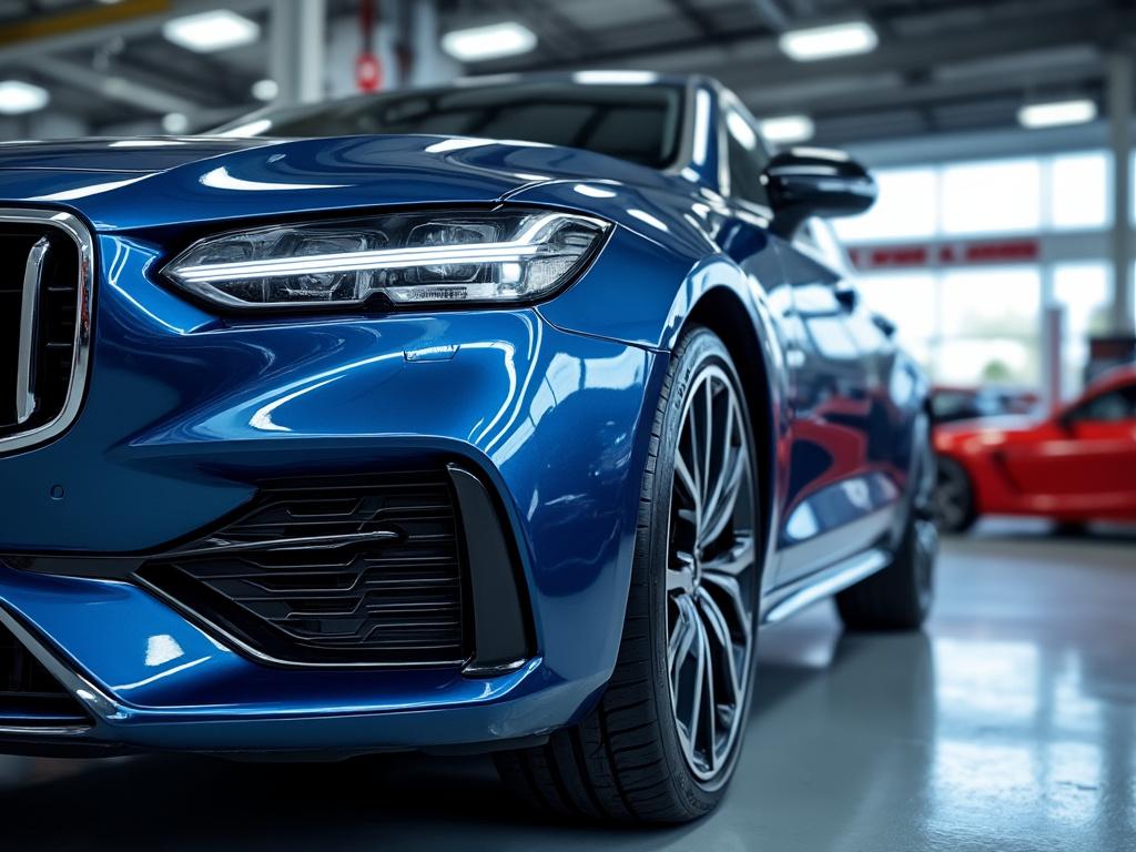 Close-up view of a blue luxury car's front in a showroom with shiny chrome detailing and large alloy wheels.